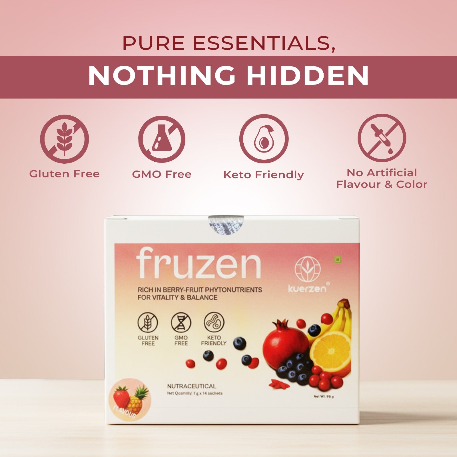 Close-up of Fruzen superfruit powder showing fine texture and rich color