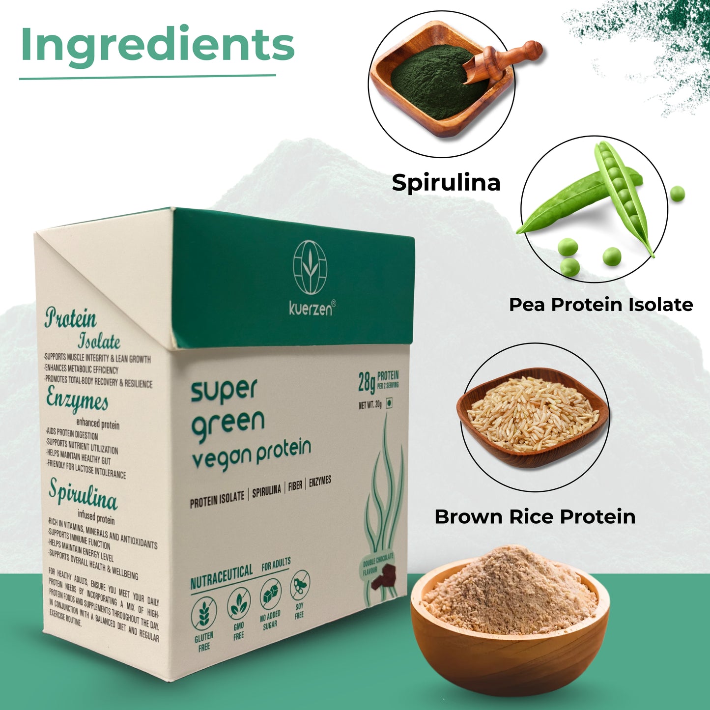 Spirulina, pea, and brown rice protein supplement