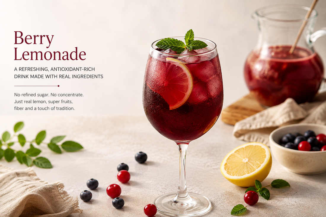 Glass of berry lemonade with fresh lemon, blueberries, and cranberries
