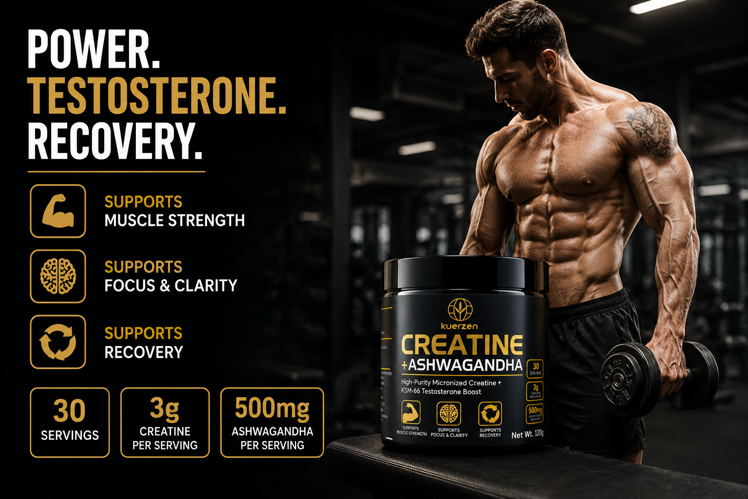 A muscular man in a gym holds a dumbbell beside a large black tub of Ashwagandha creatine supplement. The left side features text highlighting benefits: supports muscle strength, focus & clarity, and recovery, with serving information.