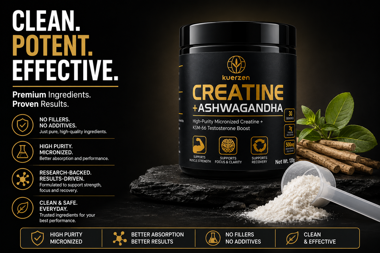 A black supplement tub labeled 'Kuverzen Creatine + Ashwagandha' on a dark promotional background, with white powder, a scoop, cinnamon sticks, and green leaves beside it. Large marketing text appears on the left and bottom.