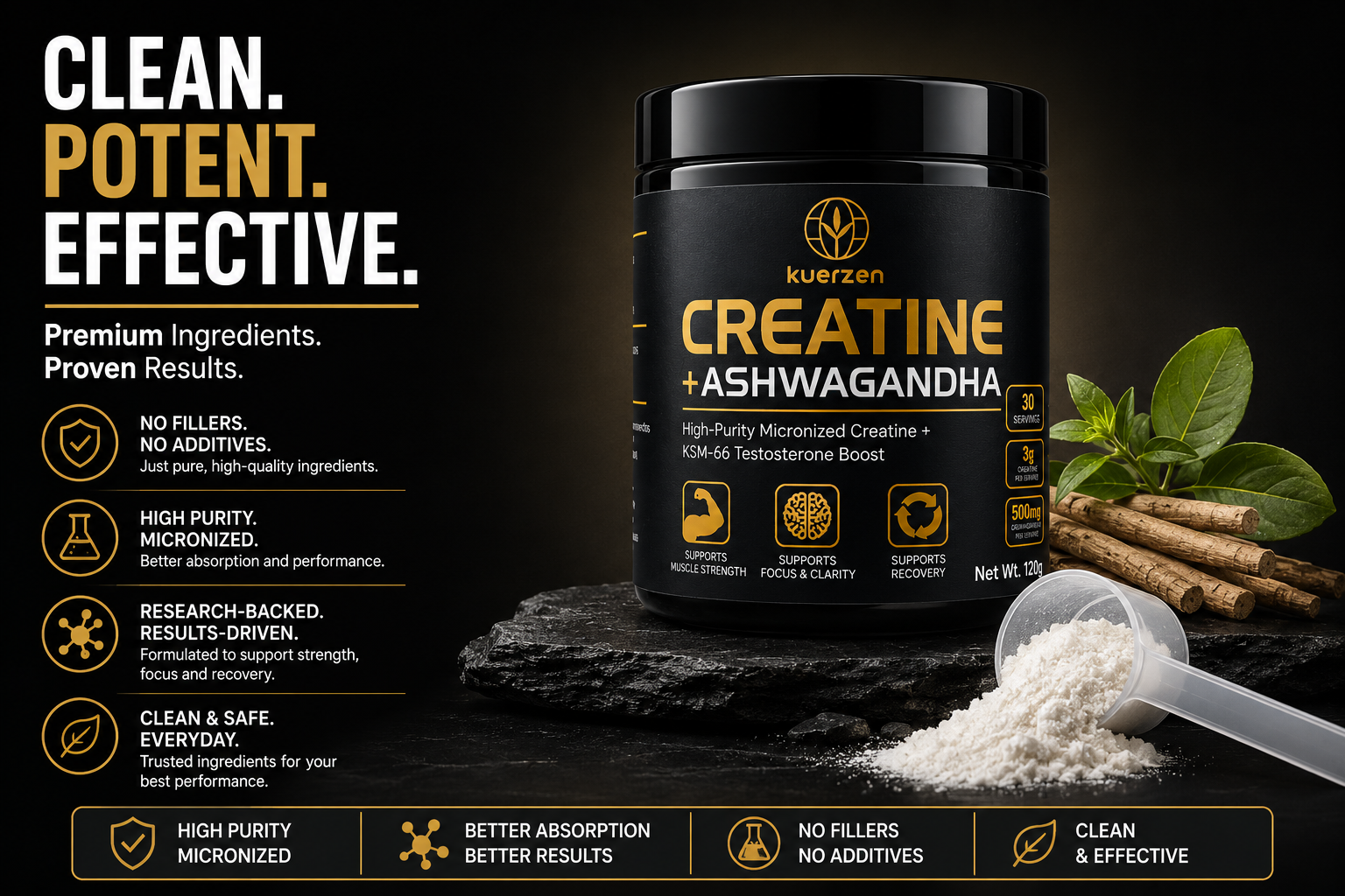 A black supplement tub labeled 'Kuverzen Creatine + Ashwagandha' on a dark promotional background, with white powder, a scoop, cinnamon sticks, and green leaves beside it. Large marketing text appears on the left and bottom.