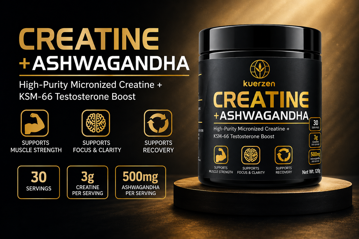A black tub of Kuerzen Creatine + Ashwagandha supplement displayed on a wooden pedestal against a dark golden background. The left side features product information text in gold and white, including benefits such as muscle strength, focus and clarity, and recovery support.