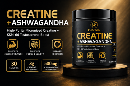 A black tub of Kuerzen Creatine + Ashwagandha supplement displayed on a wooden pedestal against a dark golden background. The left side features product information text in gold and white, including benefits such as muscle strength, focus and clarity, and recovery support.