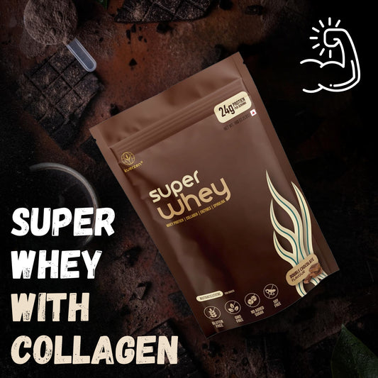 Super Whey protein powder package with collagen on a dark background