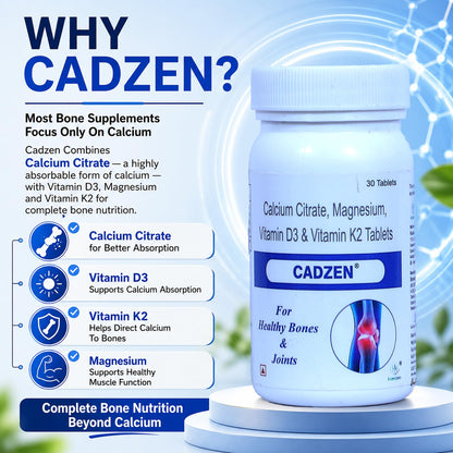 Kuerzen Cadzen Calcium Tablets | Calcium + Vitamin D3 + Vitamin K2 + Magnesium | Complete Bone, Muscle & Teeth Nutrition | Doctor Formulated Daily Wellness Supplement | 30 Tablets
