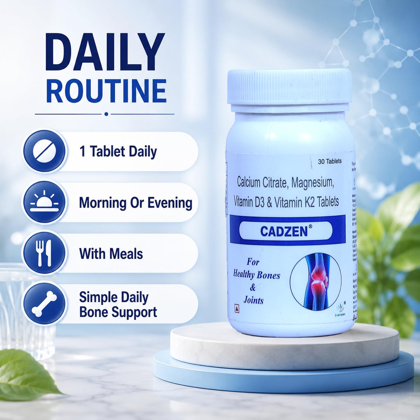 Kuerzen Cadzen Calcium Tablets | Calcium + Vitamin D3 + Vitamin K2 + Magnesium | Complete Bone, Muscle & Teeth Nutrition | Doctor Formulated Daily Wellness Supplement | 30 Tablets