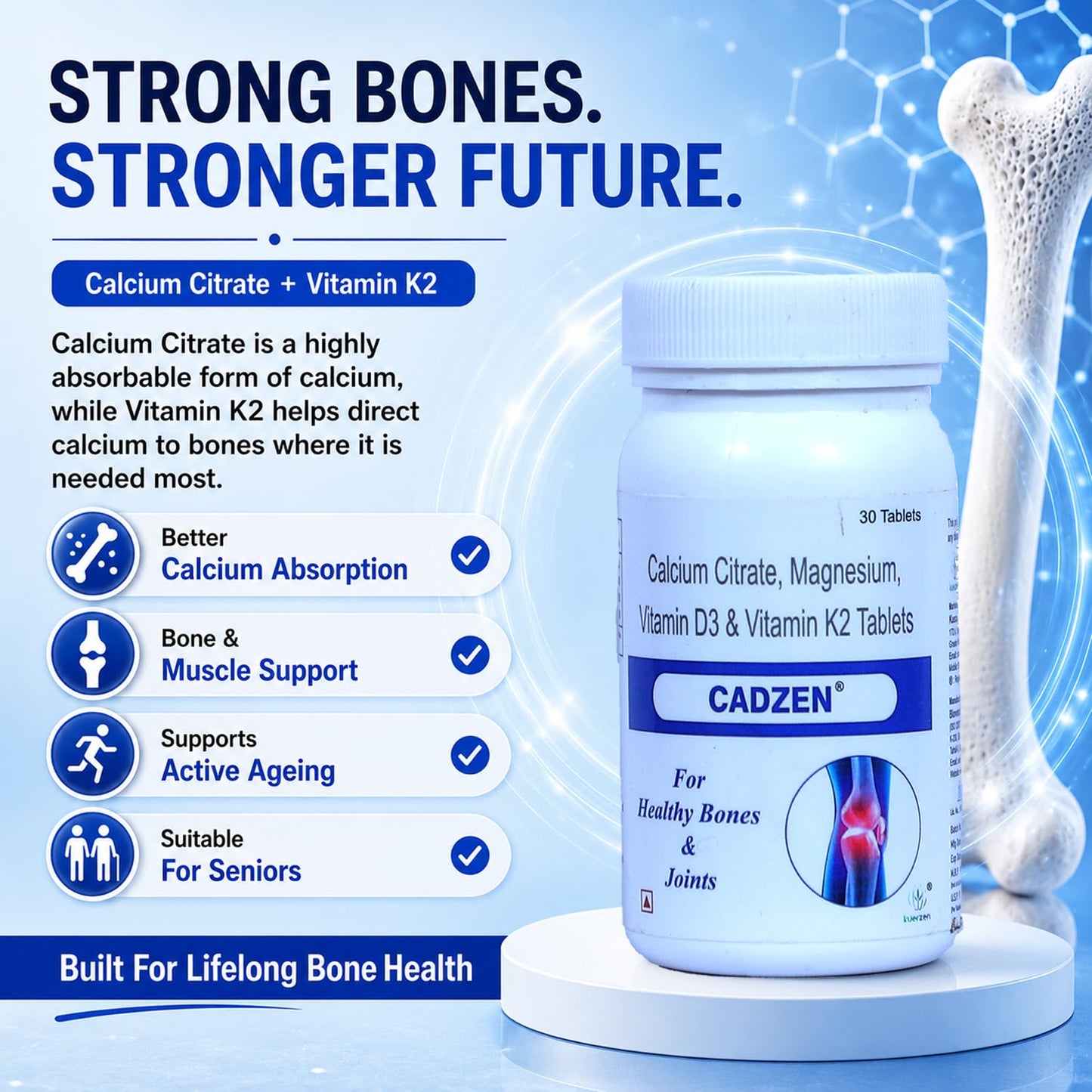 Kuerzen Cadzen Calcium Tablets | Calcium + Vitamin D3 + Vitamin K2 + Magnesium | Complete Bone, Muscle & Teeth Nutrition | Doctor Formulated Daily Wellness Supplement | 30 Tablets