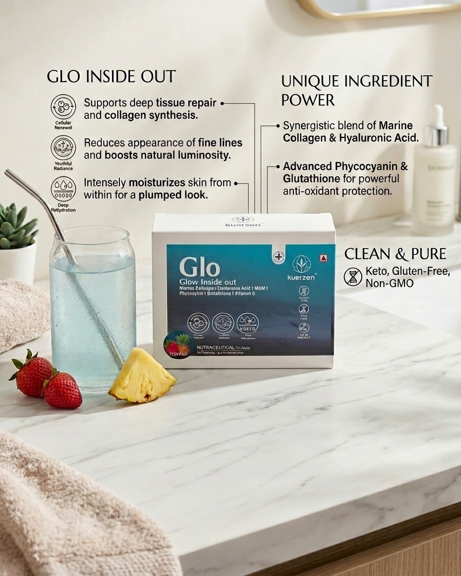 Glo product packaging on a marble surface with ingredients and benefits displayed.
