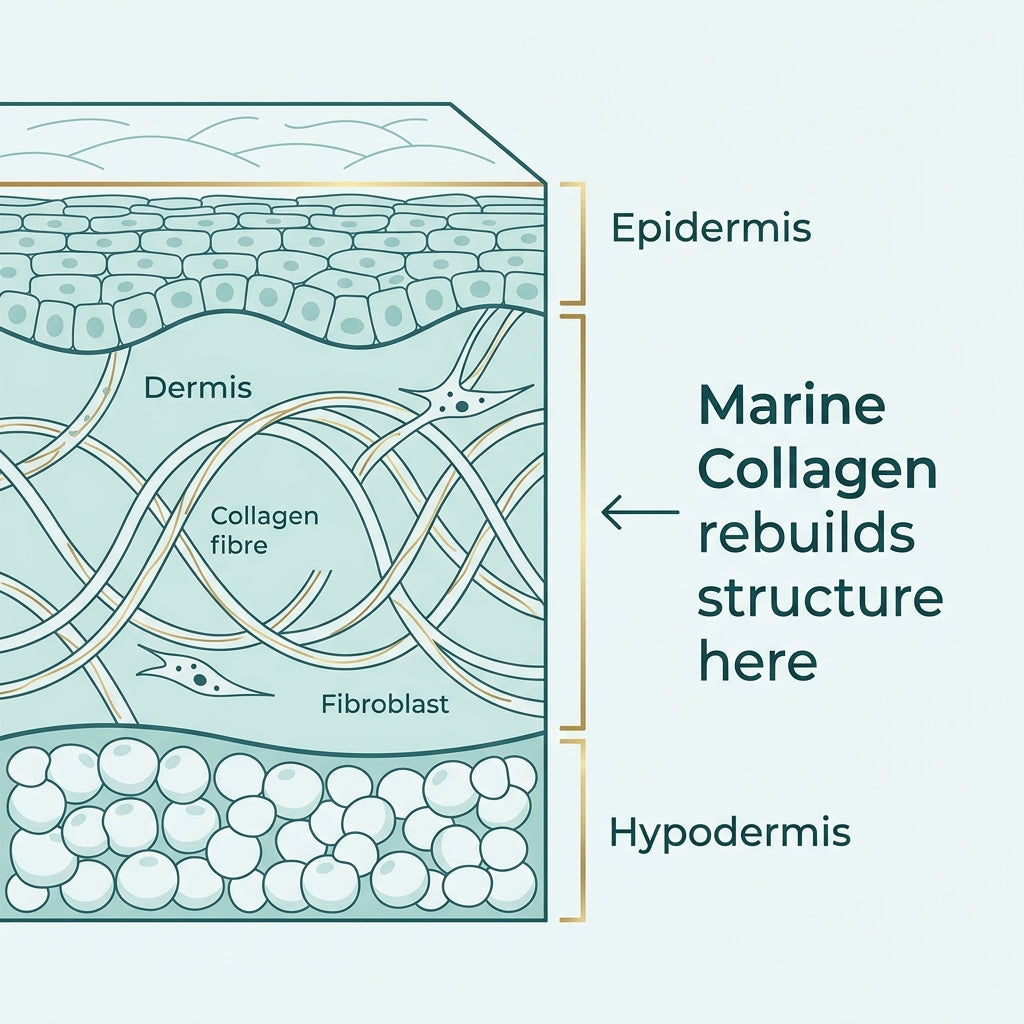 Kuerzen GLO supplement with callout text Radiant Skin from Within featuring marine collagen glutathione and hyaluronic acid