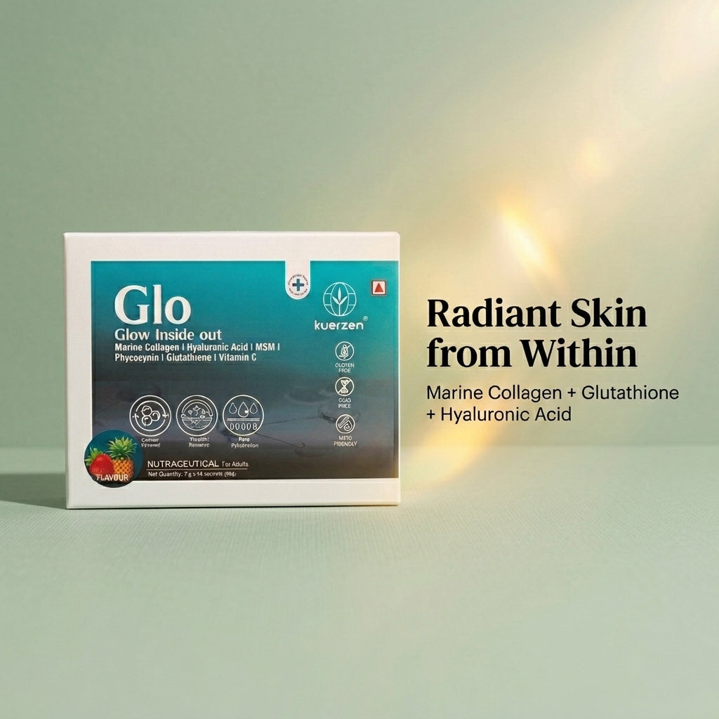 Kuerzen GLO supplement on marble surface with callout Stronger Hair Healthier Nails with MSM and marine collagen