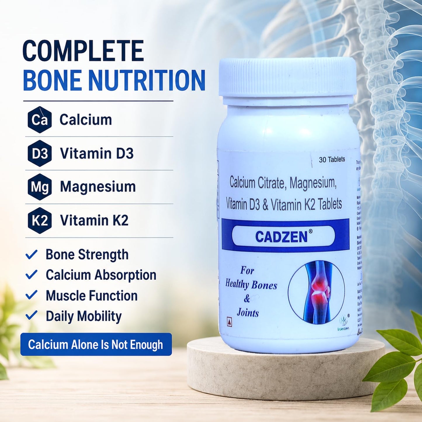 Kuerzen Cadzen Calcium Tablets | Calcium + Vitamin D3 + Vitamin K2 + Magnesium | Complete Bone, Muscle & Teeth Nutrition | Doctor Formulated Daily Wellness Supplement | 30 Tablets