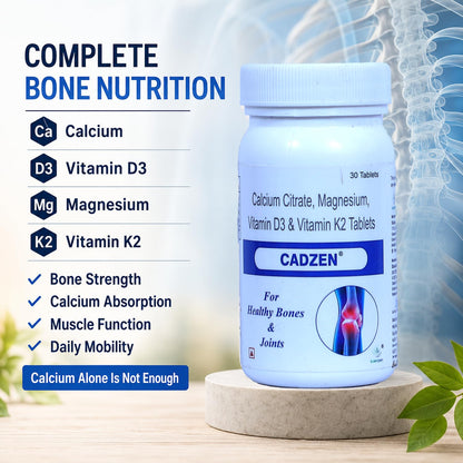 Kuerzen Cadzen Calcium Tablets | Calcium + Vitamin D3 + Vitamin K2 + Magnesium | Complete Bone, Muscle & Teeth Nutrition | Doctor Formulated Daily Wellness Supplement | 30 Tablets
