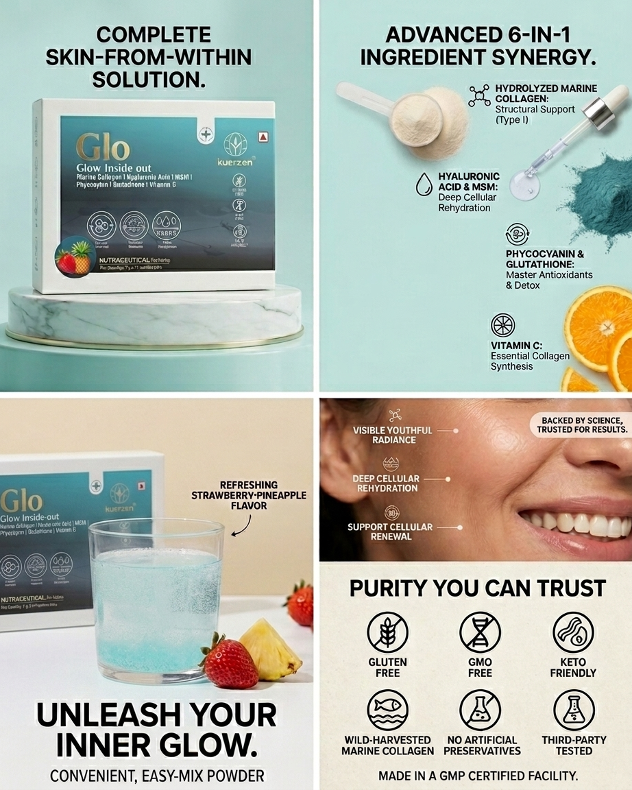 Promotional graphic for a skincare product with text and images of the product packaging and benefits.