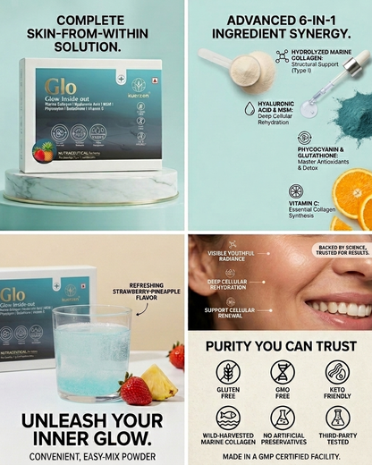 Promotional graphic for a skincare product with text and images of the product packaging and benefits.