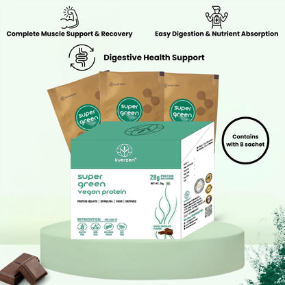 Vegan protein powder individual sachets arranged in front, clearly showing packaging and branding details