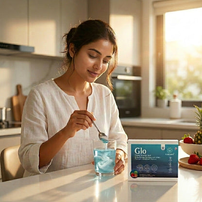 Indian woman with glowing skin mixing Kuerzen GLO marine collagen powder into glass of water in bright modern kitchen morning wellness routine